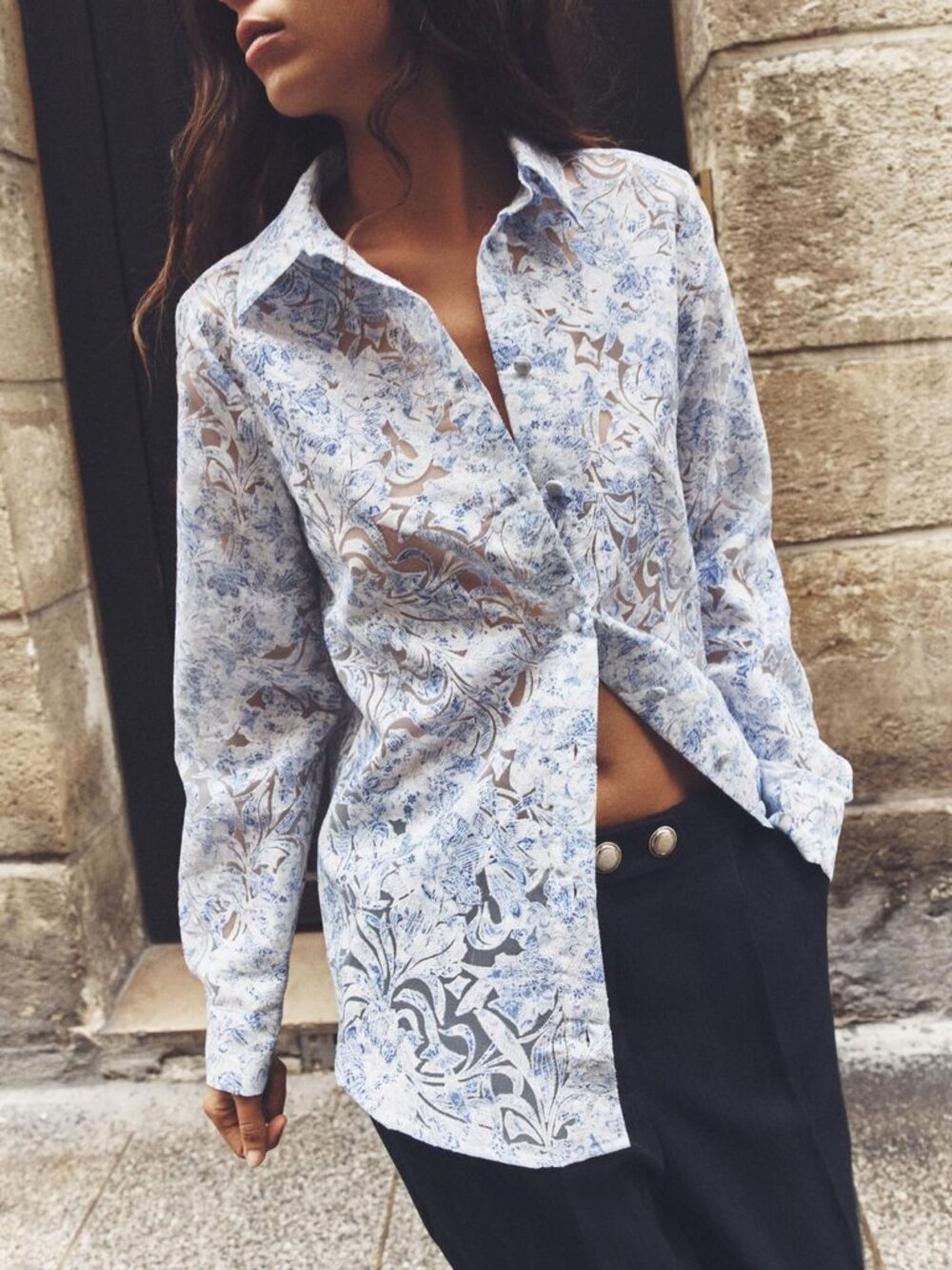 ZARA Devoré Shirt with Print Top White Blue Sheer Floral Size M Coastal Bohemian